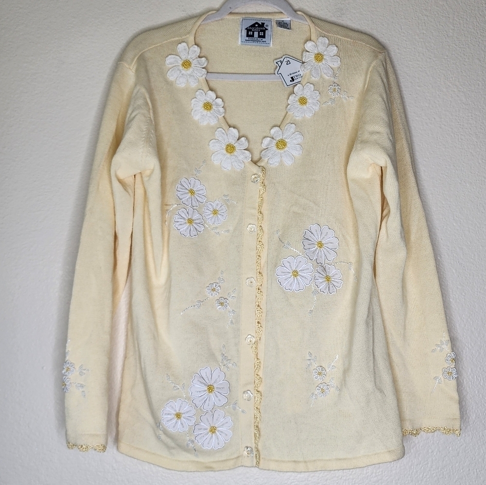 Storybook Knits Daisy Land Yellow Cardigan Sweater M NWT
